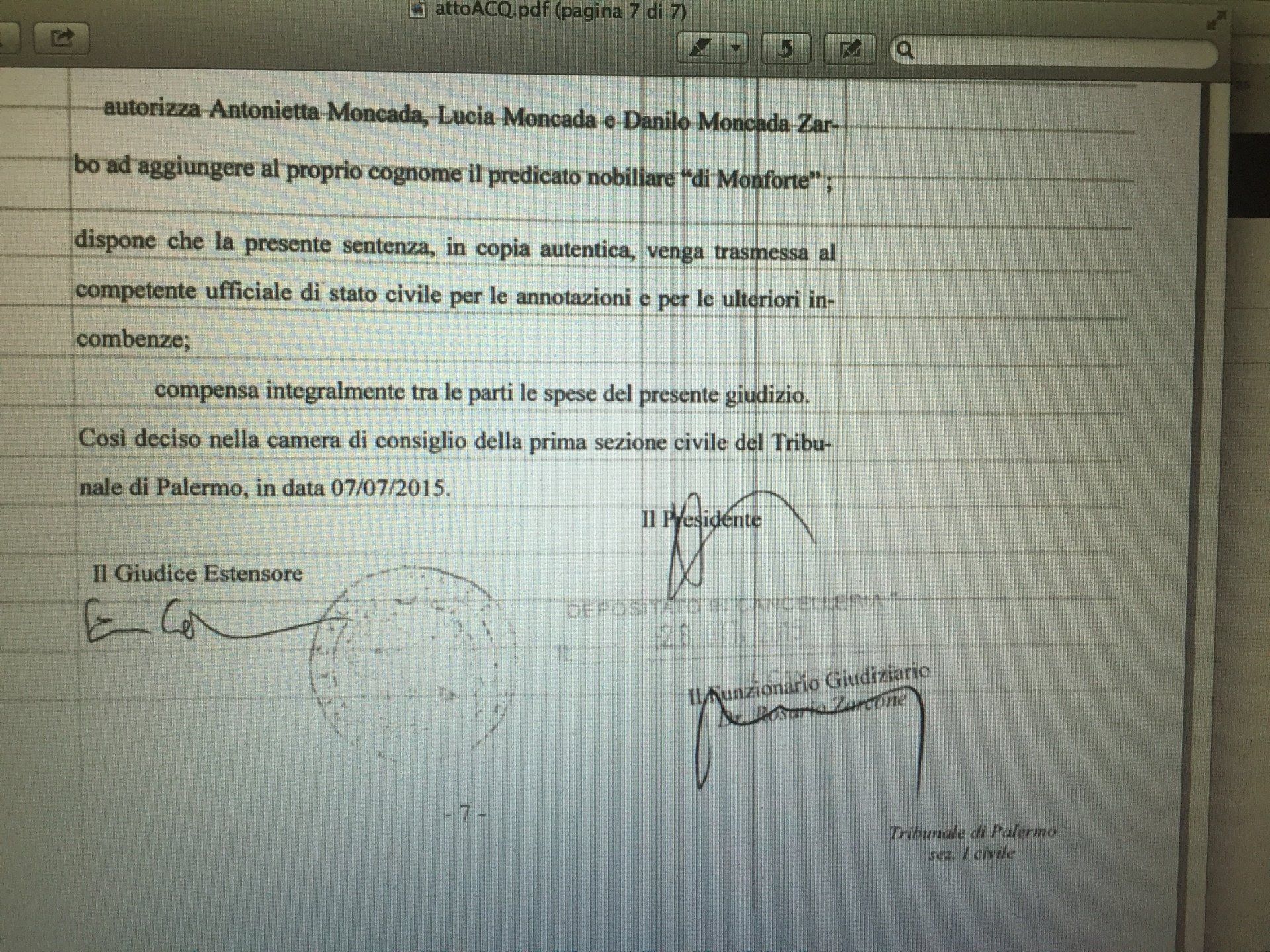 sentenza a favore di Antonietta Lucia e Danilo Moncada spettanza del predicato di Monforte