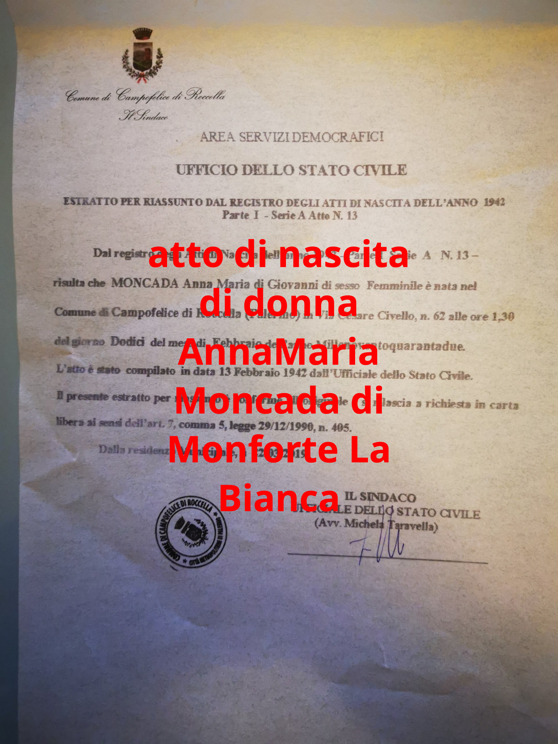 atto di nascita donna Annamaria Moncada detta Giovanna
