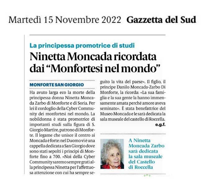 articolo in ricordo della principessa Antonietta Moncada Zarbo di Monforte sulla Gazzetta del Sud