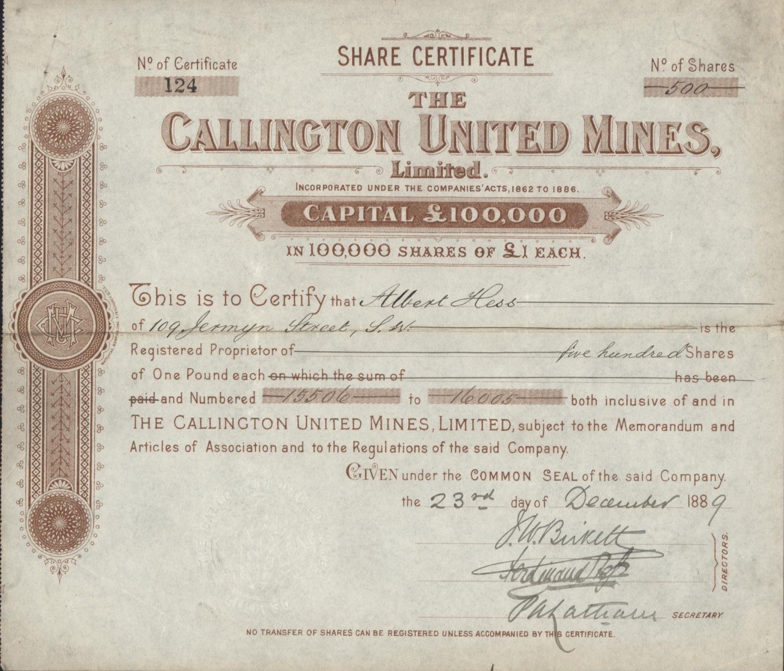 Callington United mines historic share certificate