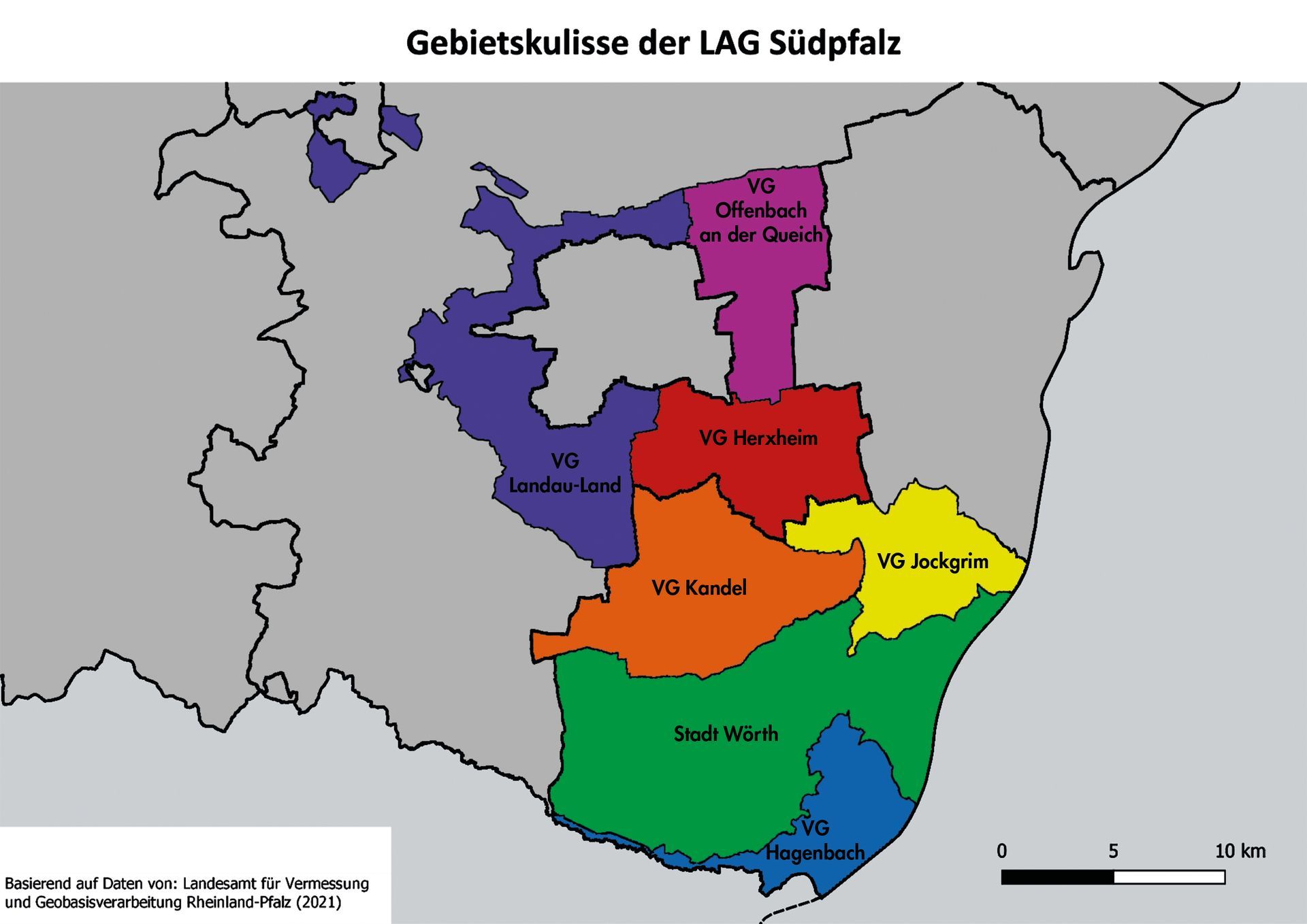 Karte mit Markierung der VGs Hagenbach, Herxheim, Jockgrim, Kandel, Landau-Land und Offenbach/ Queich sowie der Stadt Wörth