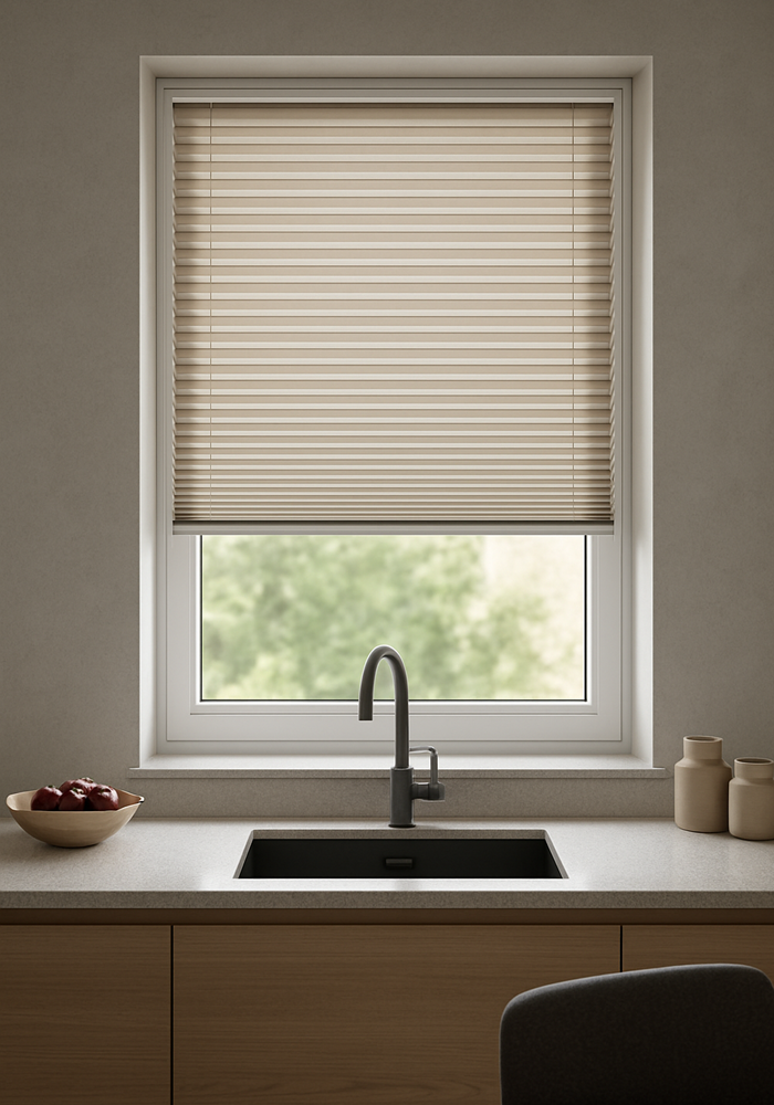 Kitchen window with integrated pleated blind – glare-free daylight and privacy