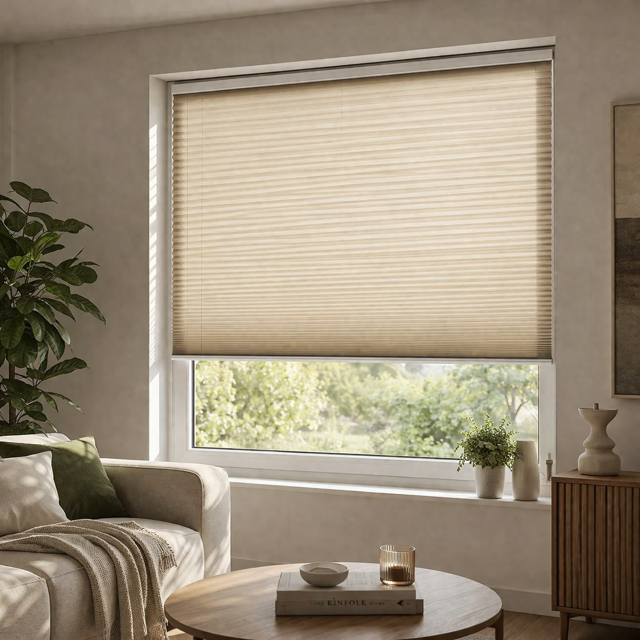 Wohnzimmerfenster mit integriertem Sonnenschutz-Plissee – blendfreies Tageslicht und Sichtschutz