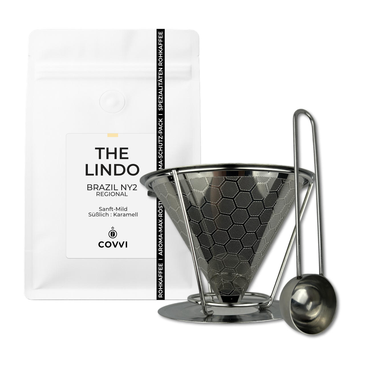 Kaffeepaket + Permanentfilter aus Edelstahl und Kaffeemaß für ein noch besseres COVVI Erlebnis