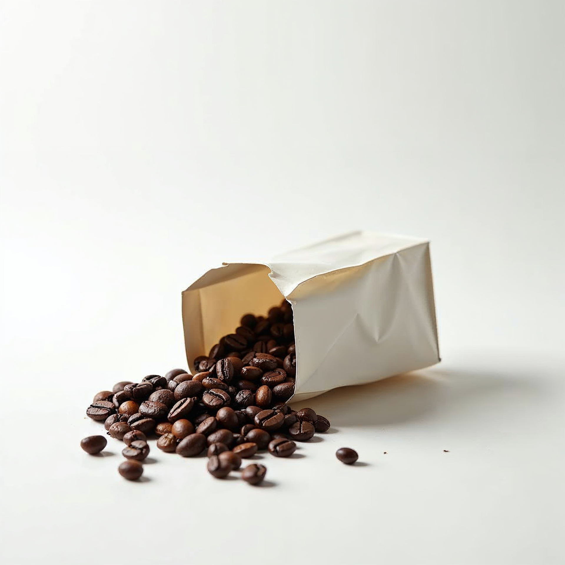 Eine offen umgefallene Kaffeetüte, aus der geröstete Covvi Premium Kaffeebohnen geschüttet wurden