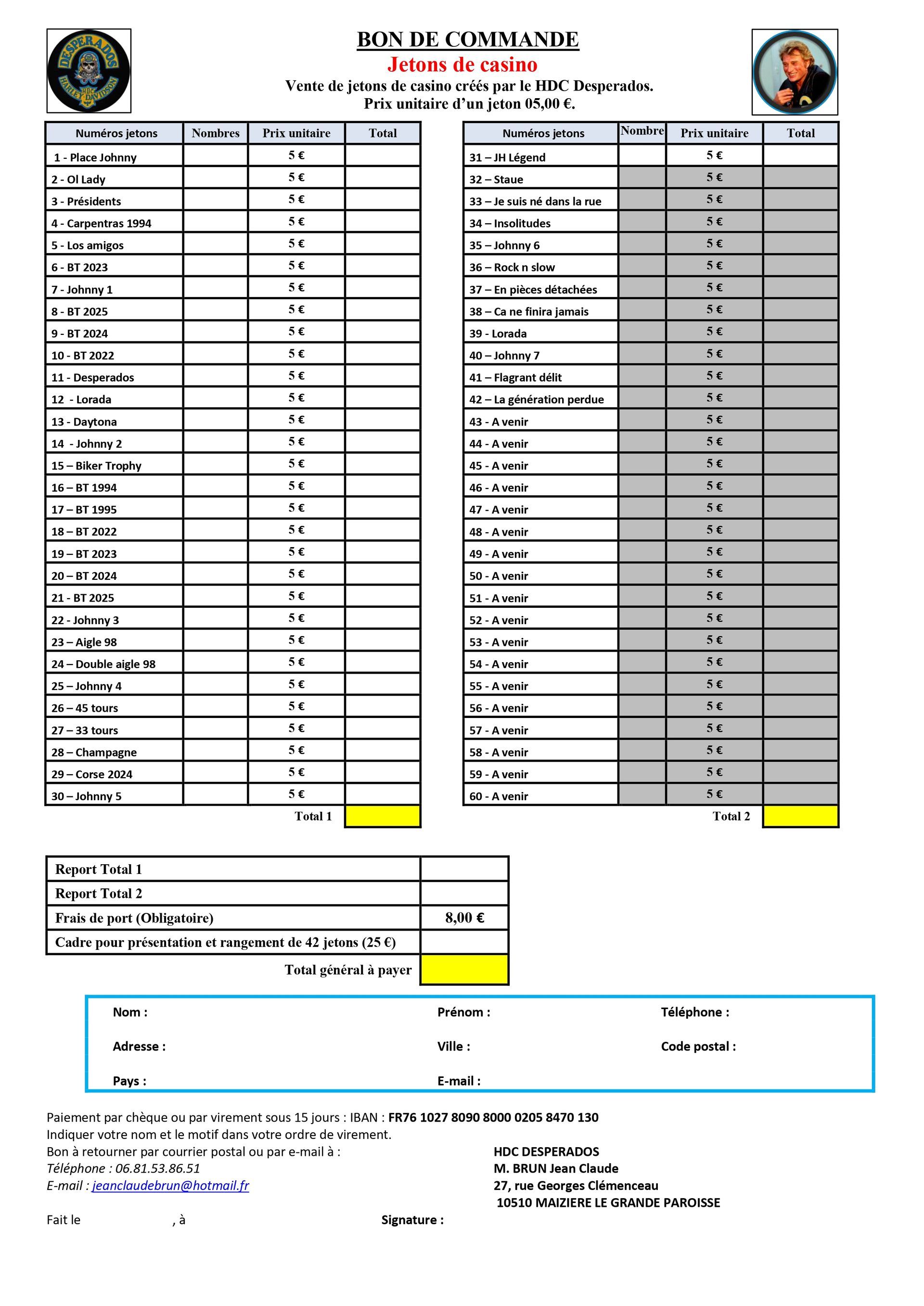 Bon de commande jetons Bon de commande jetons