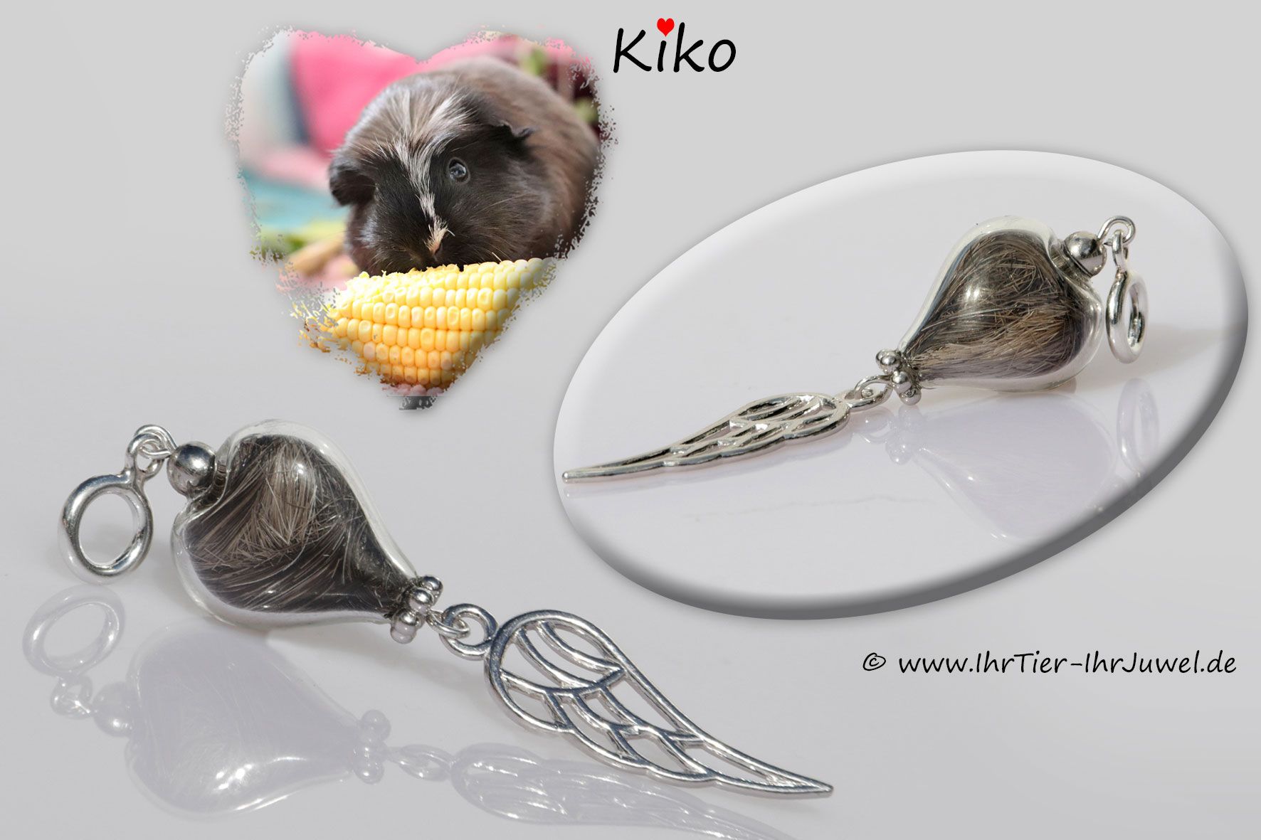 Erinnerungsschmuck Glasherzchen mit Meerschweinchenhaar Flügelschmuck Tierjuwel