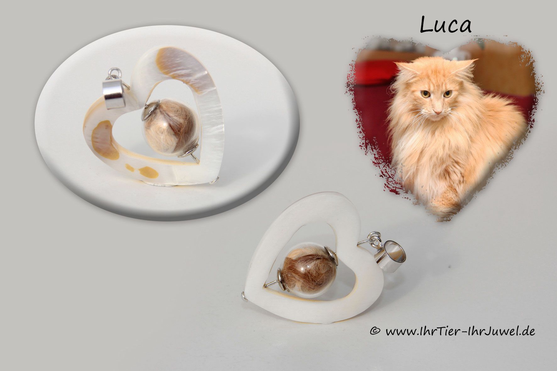 Erinnerungsschmuck Glasperle mit Katzenhaaren Perlmuttherz
