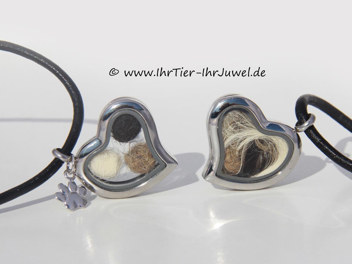 Erinnerungsschmuck Herzmedaillon Fellperlen aus Hundehaaren Pfotenanhänger