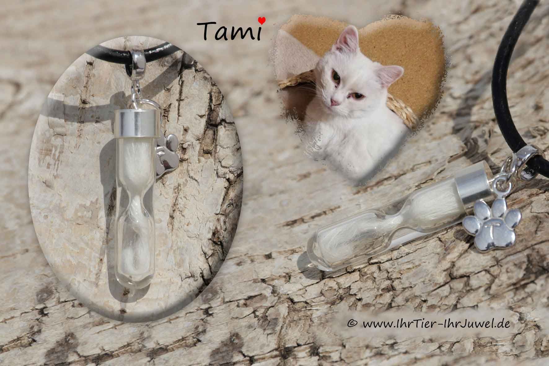 Erinnerungsschmuck Sanduhrglas mit Katzenhaaren Pfotenschmuck Gravurschmuck