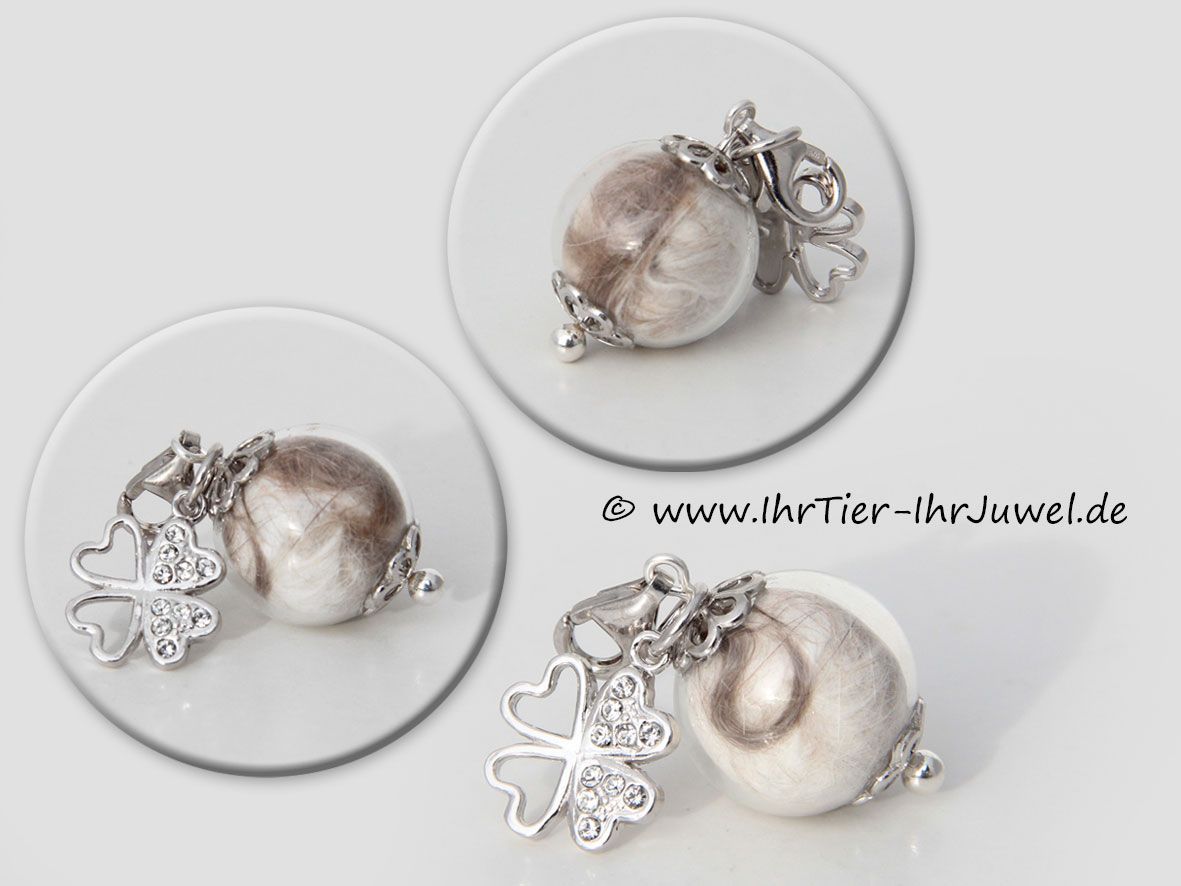 Tierhaarschmuck Glasperle mit Kaninchenhaar Erinnerungsschmuck Herzkleeblatt