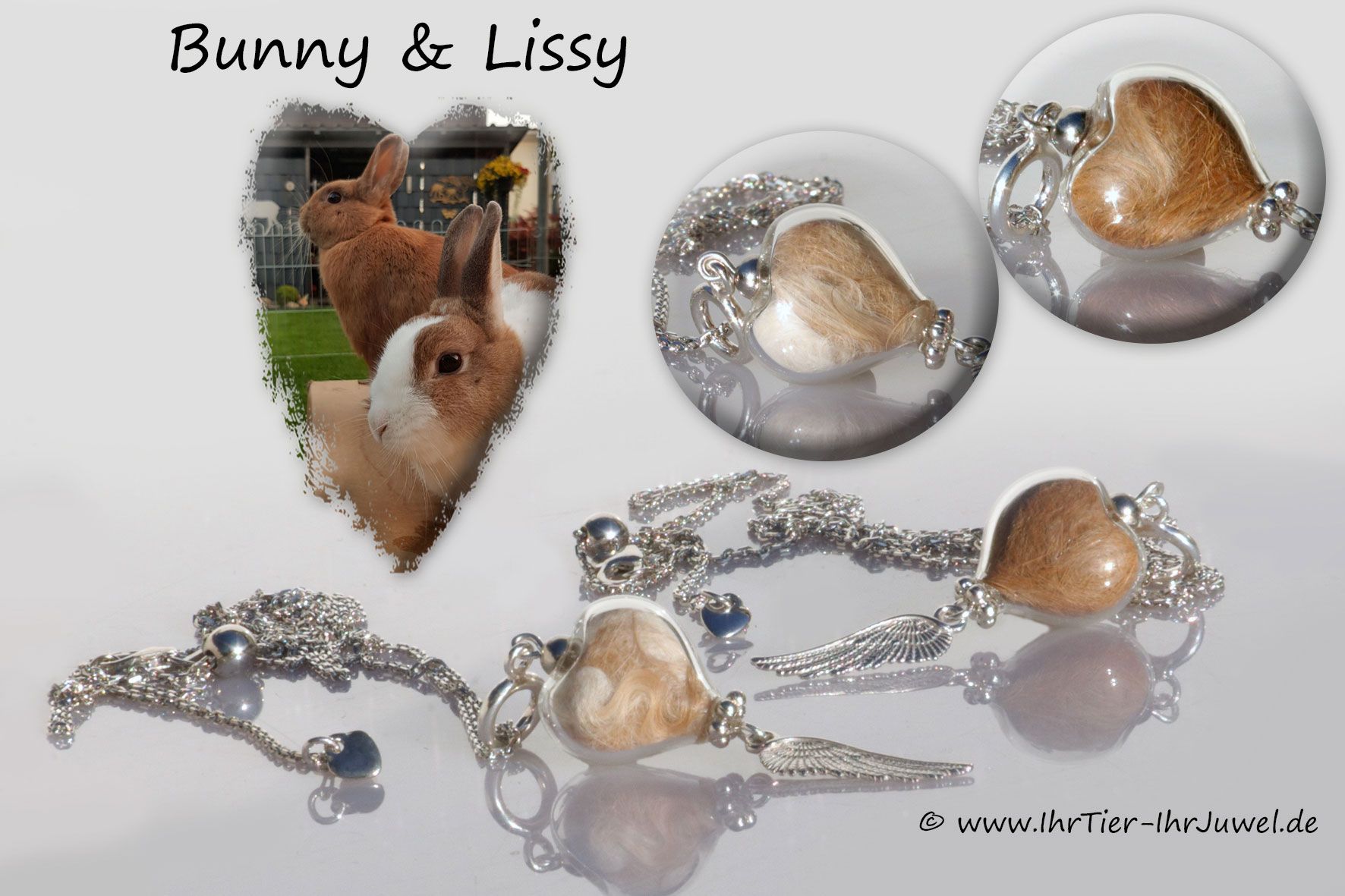 Kette mit Tierhaaren Glasherz mit Kaninchenhaaren