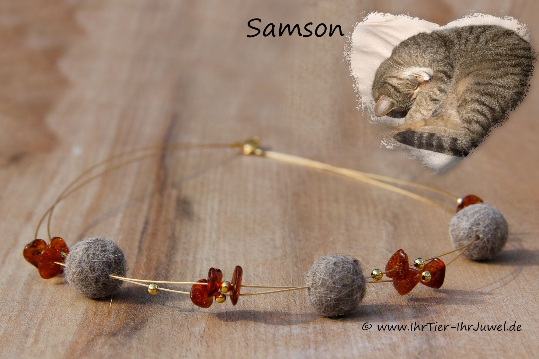 Schmuck aus Katzenhaar Collier Fellperlen Bernstein