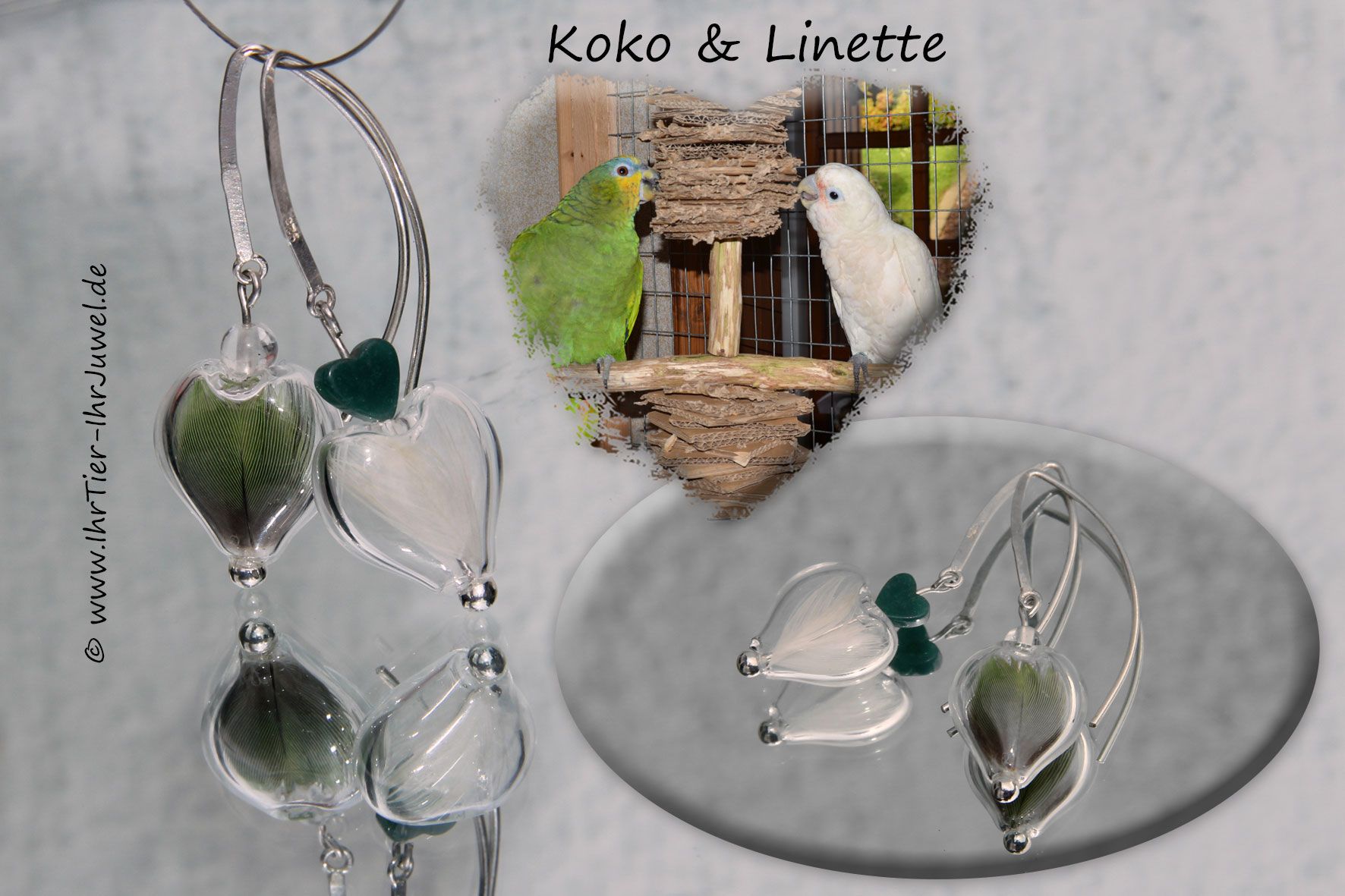 Schmuck mit Vogelfedern Ohrringe Herzperle Unzertrennliche