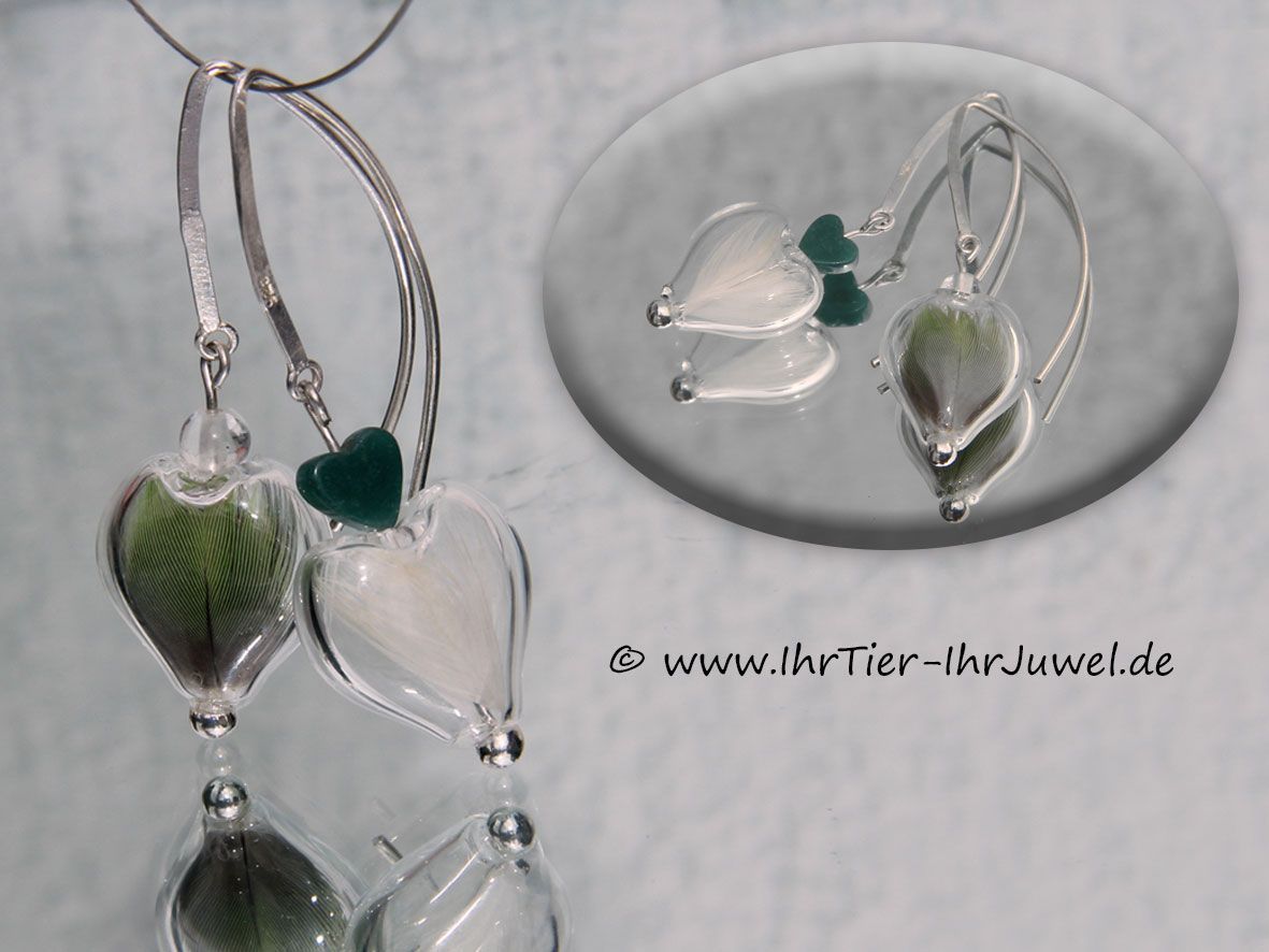 Schmuck mit Vogelfedern Ohrringe Herzperle Unzertrennliche