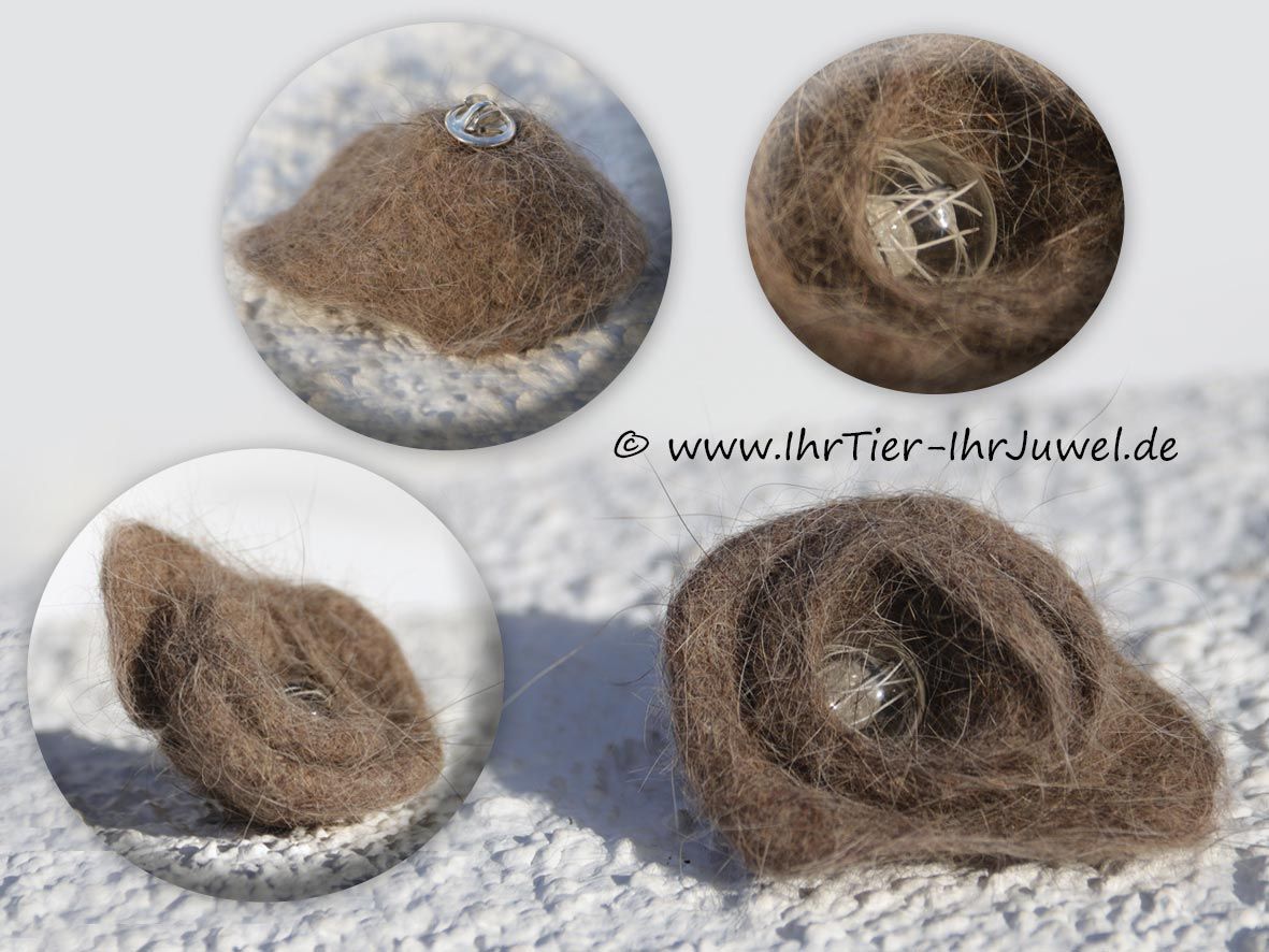Tierhaarkunst Brosche Rosenform aus Katzenhaar mit Schnurrhaaren