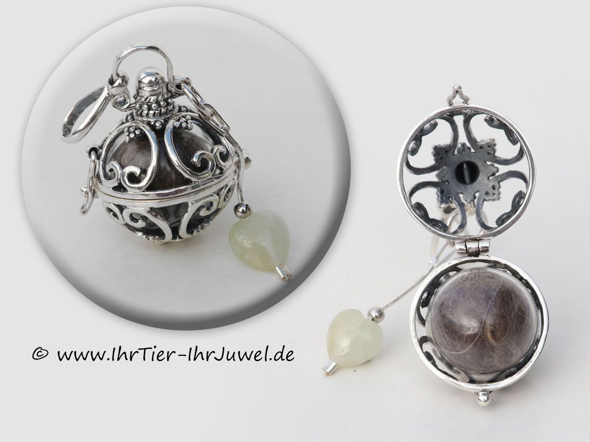 Tierhaarschmuck Engelsrufer mit Katzenhaaren Aquamarinherz Tierhaarjuwelen