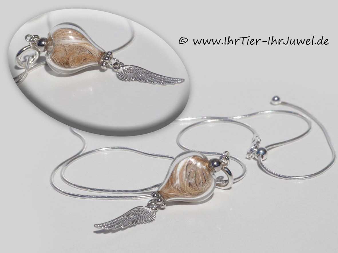 Tierhaarschmuck Glasherz mit Hundehaaren Herzensschmuck Flügelschmuck