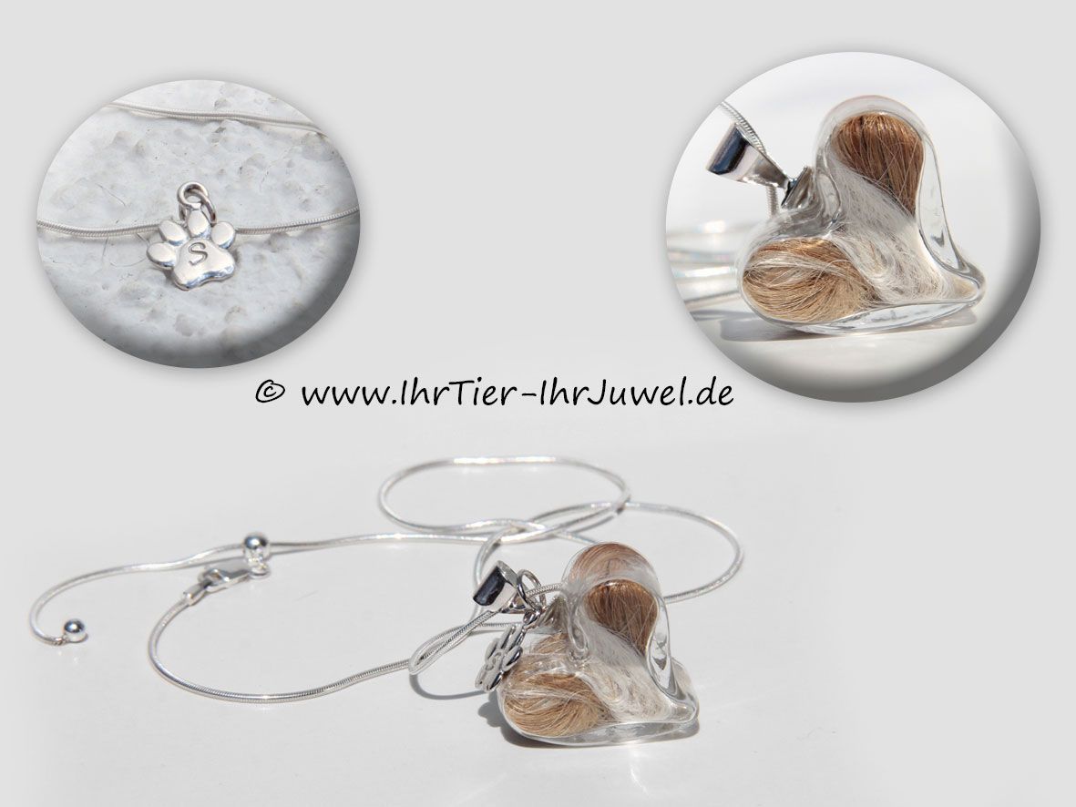 Tierhaarschmuck Glasherz mit Hundehaaren Pfotenanhänger Gravurschmuck