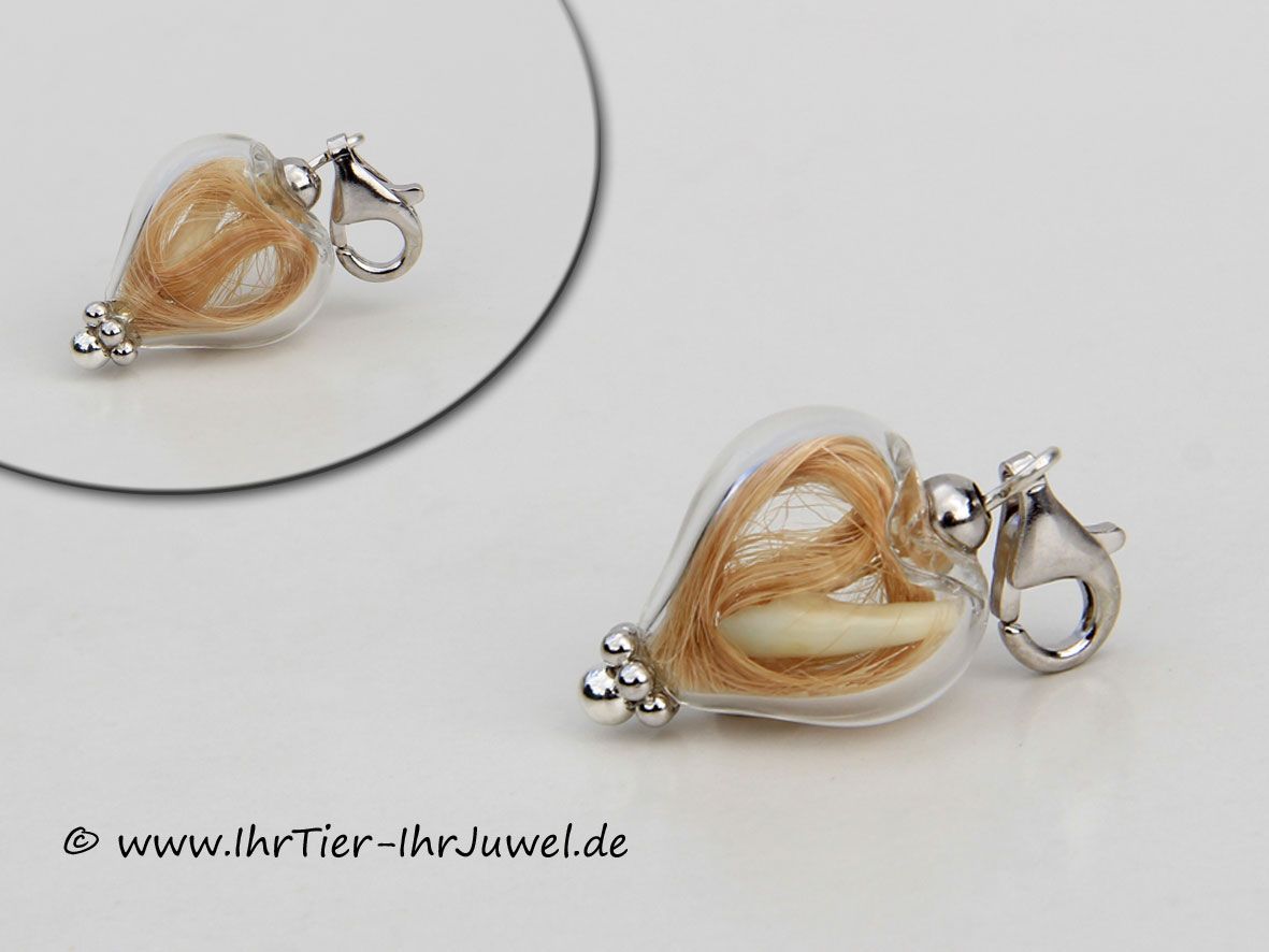 Erinnerungsschmuck Glasherzchen mit Hundehaar Milchzähnchenschmuck