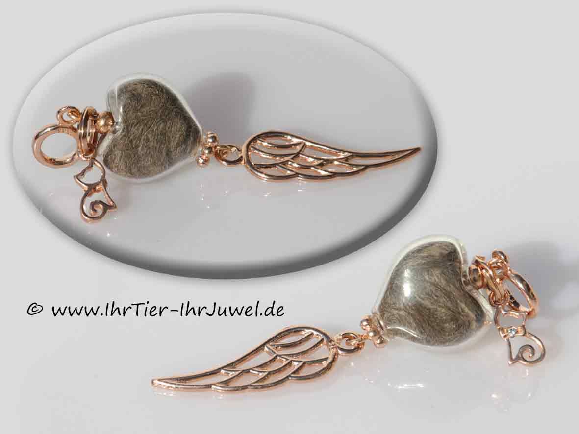 Tierhaarschmuck Herz mit Katzenhaaren Flügelschmuck Erinnerungsschmuck