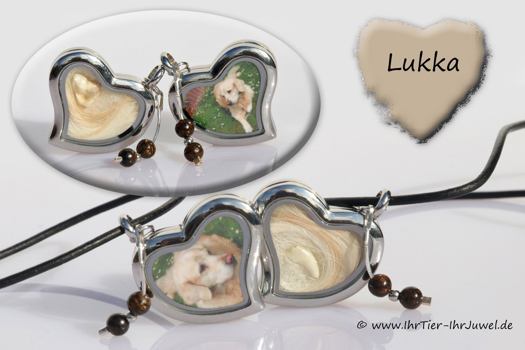 Tierhaarschmuck Herzmedaillon mit Hundehaaren Zähnchenschmuck Fotoschmuck