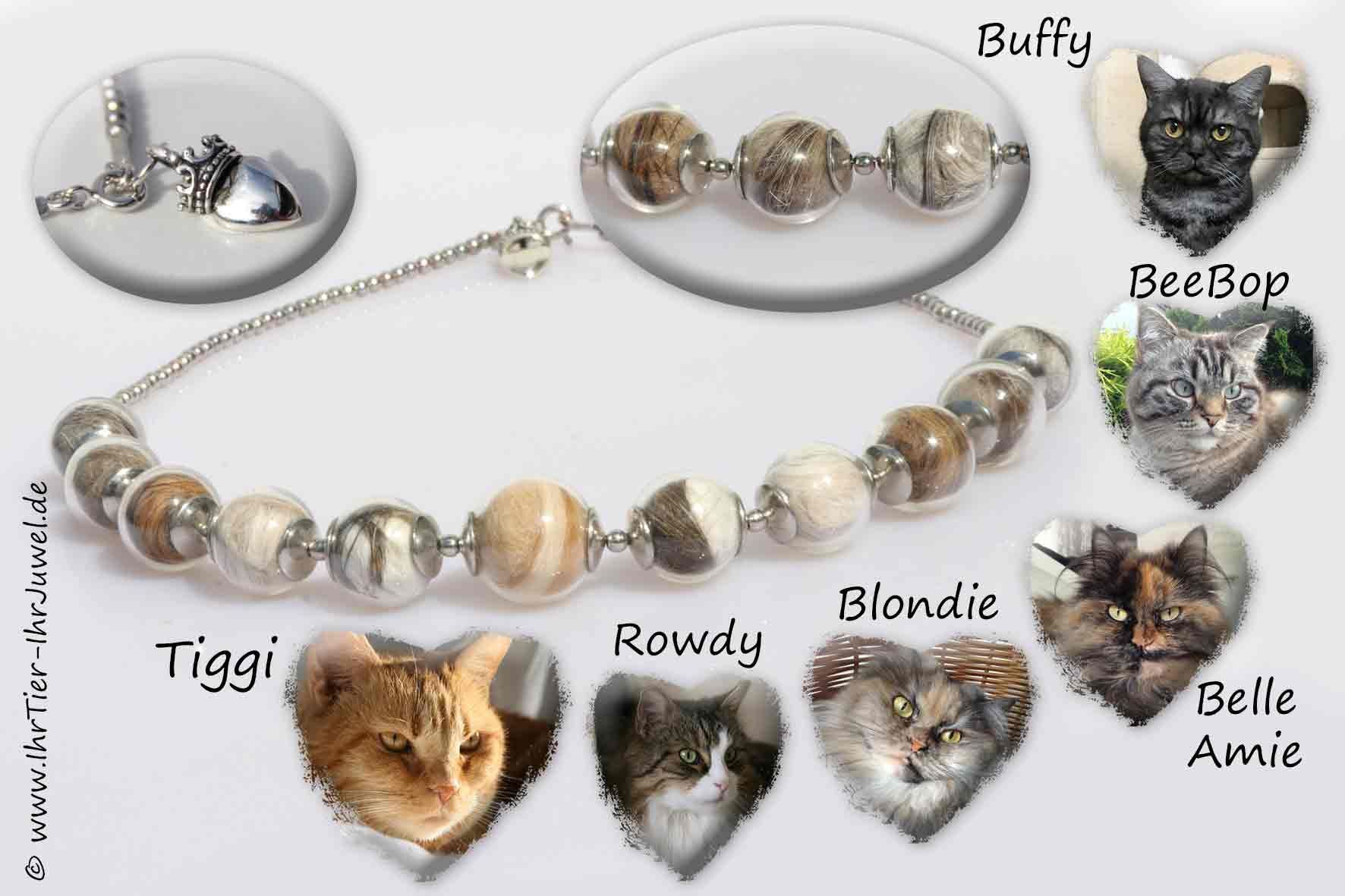 Tierhaarschmuck Kette aus Glasperlen mit Katzenhaaren