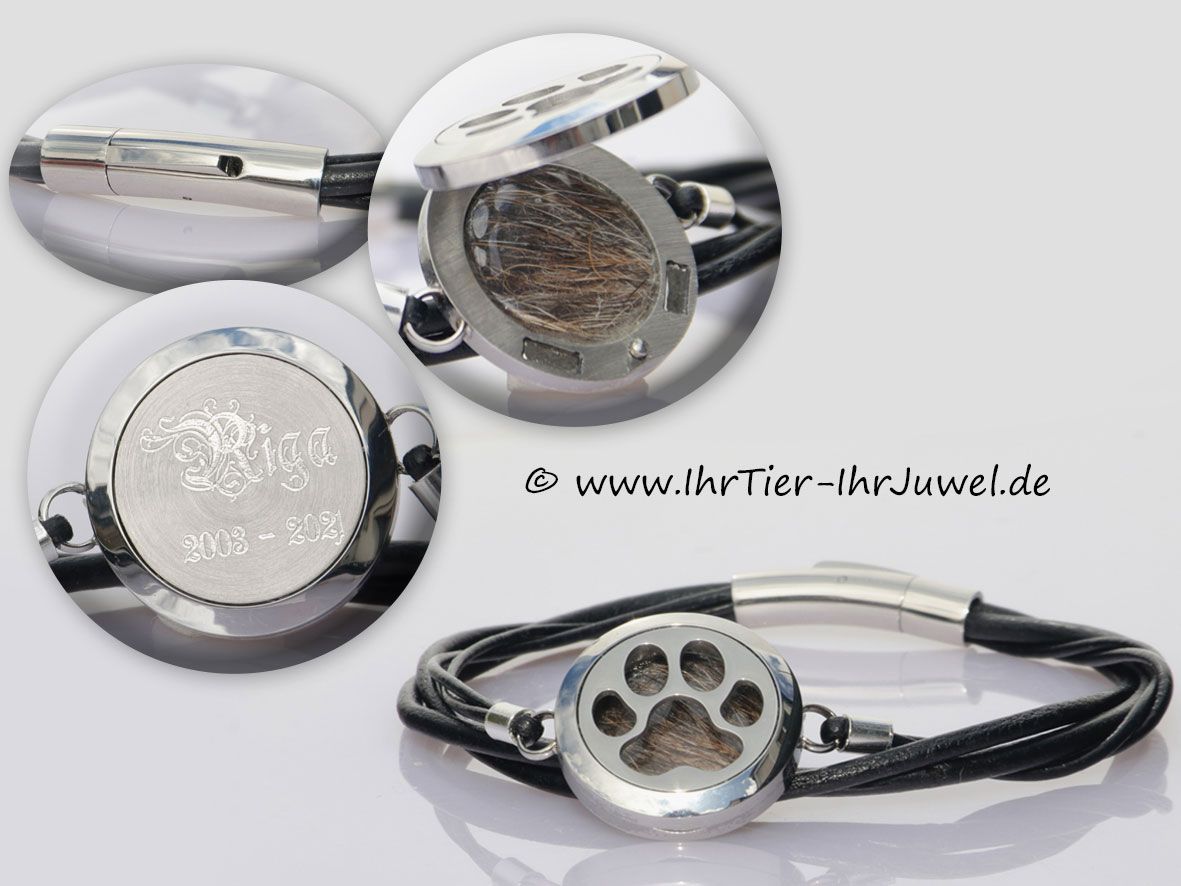 Tierhaarschmuck Medaillon Armband mit Hundehaaren Gravurschmuck