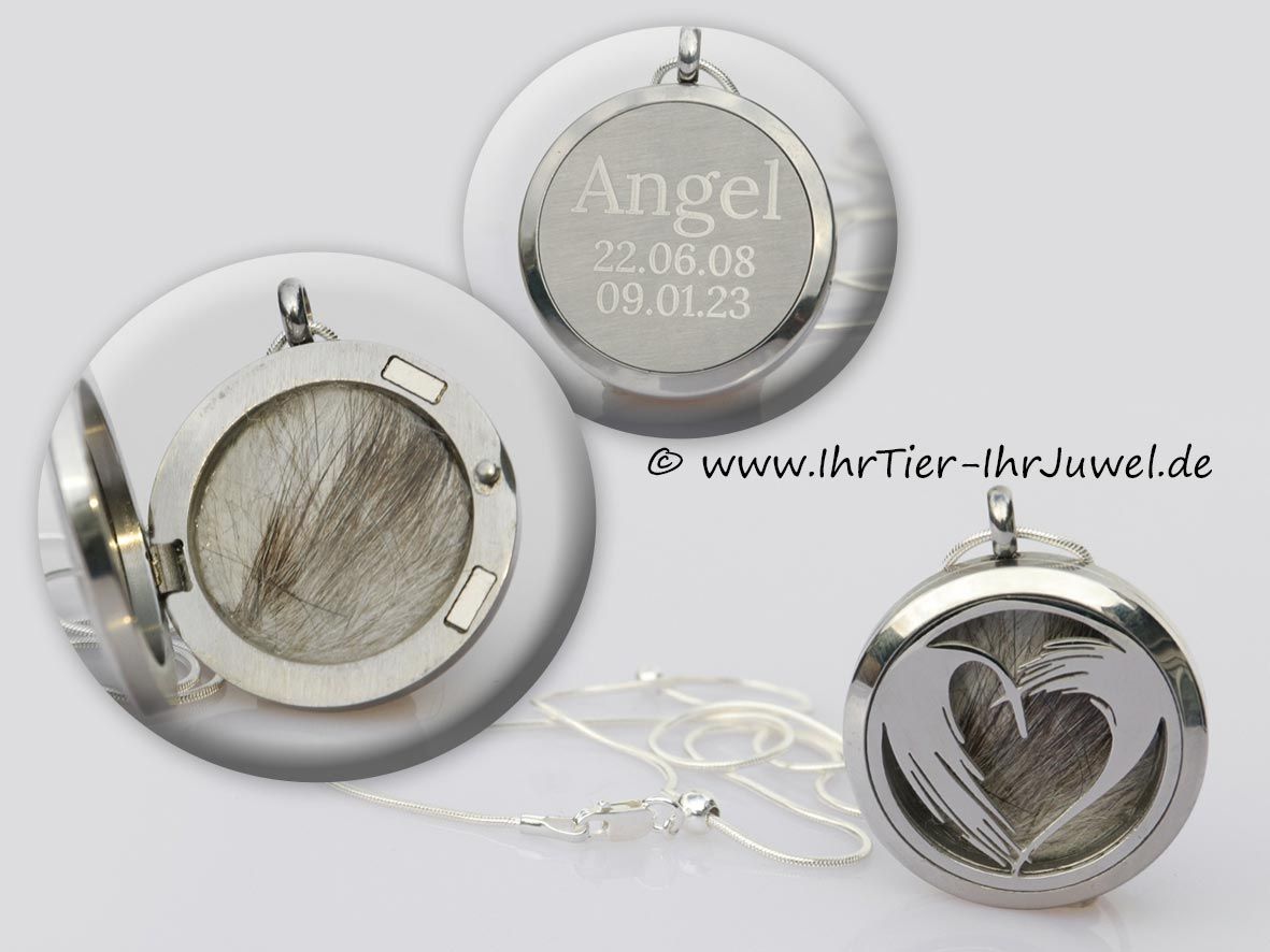 Tierhaarschmuck Medaillon mit Hundehaaren und Gravur