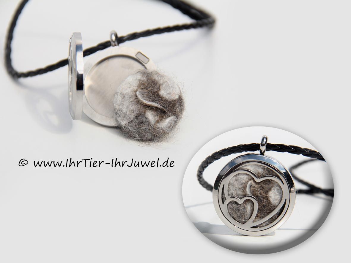 Tierhaarschmuck Medaillon mit Katzenhaaren Doppelherz Tiermedaillon