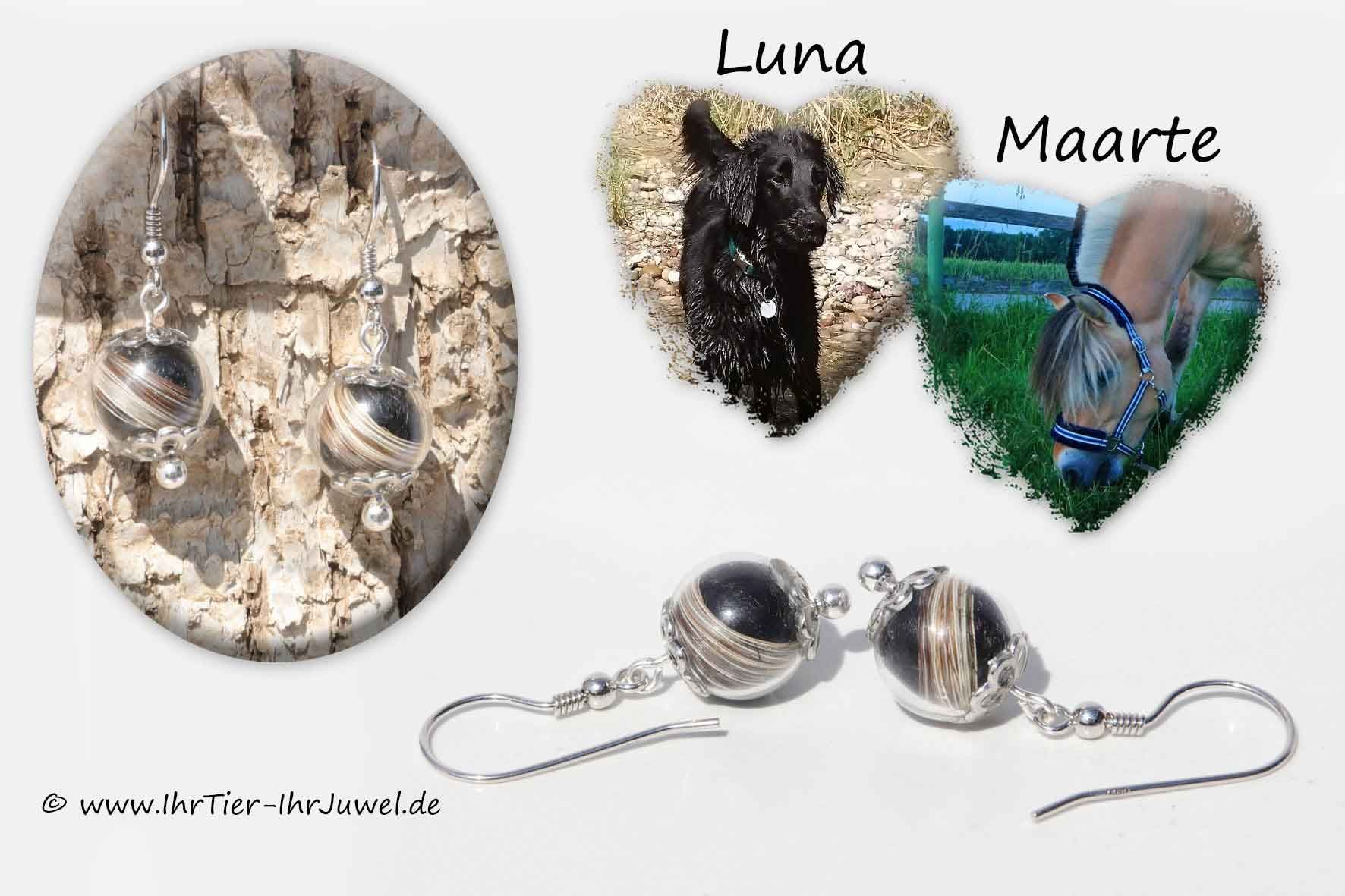 Tierhaarschmuck Ohrringe mit Glasperlen Hund und Pferd