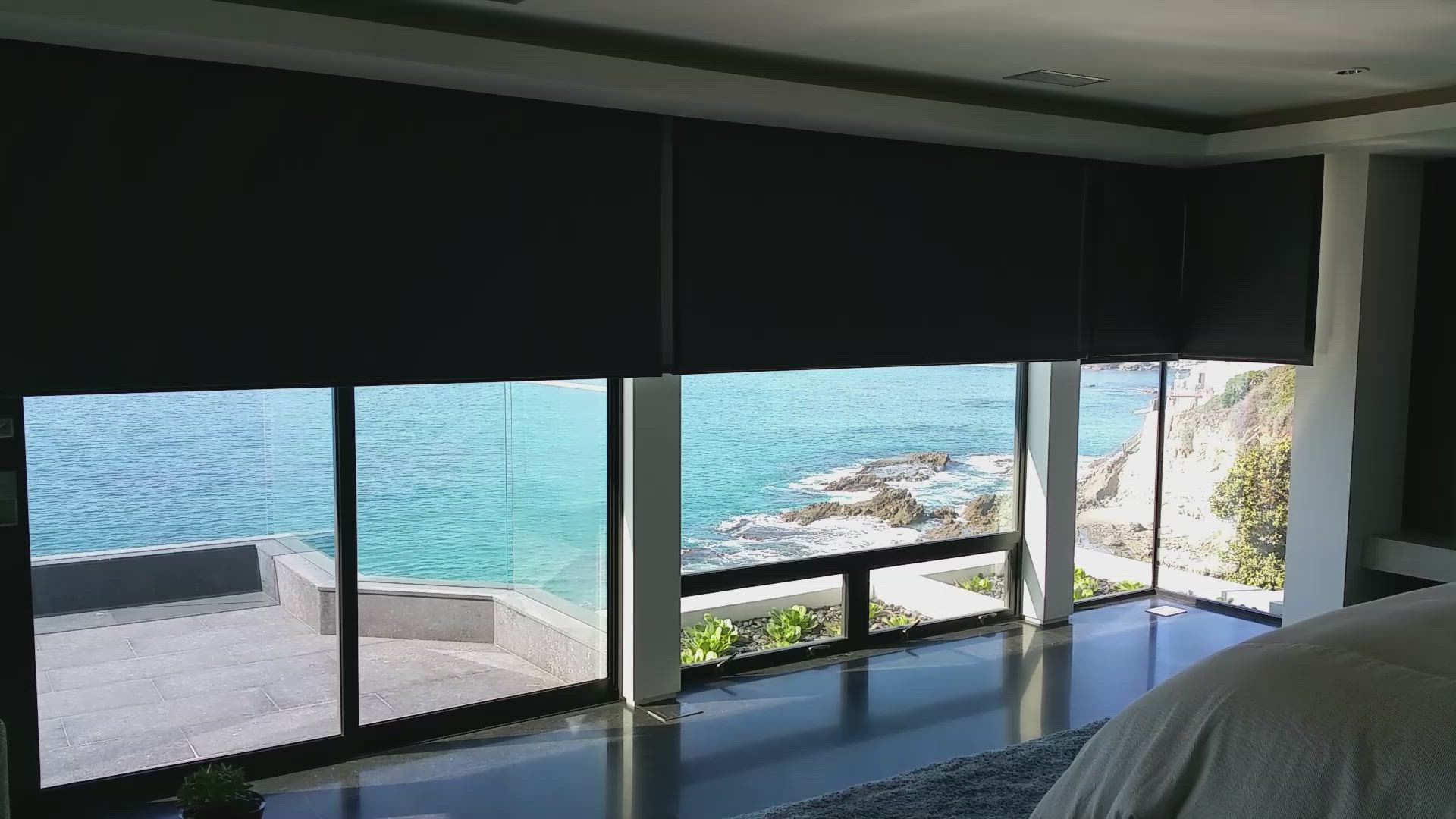 Somfy custom motorized Roller Shades ocean view blue black green gray Belmont Shore-Naples