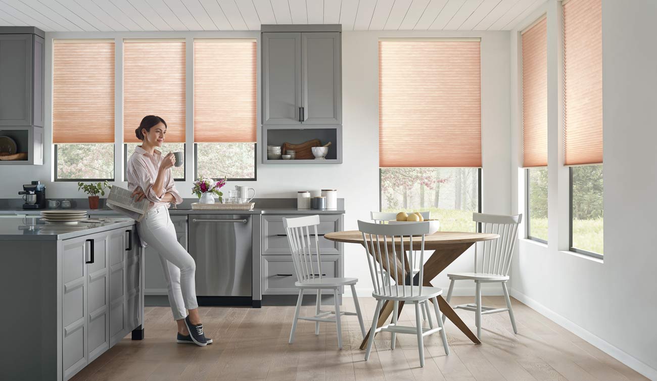 Hunter Douglas Applause Honeycomb Shades Hunter Douglas Pink Applause Honeycomb Shades in Modern Gray Kitchen Irvine