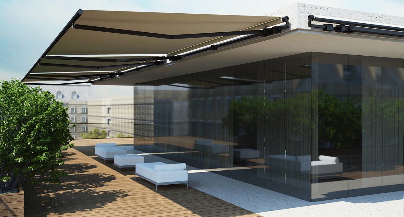Corradi retractable commercial residential awning modern outdoor patio Foothill Ranch