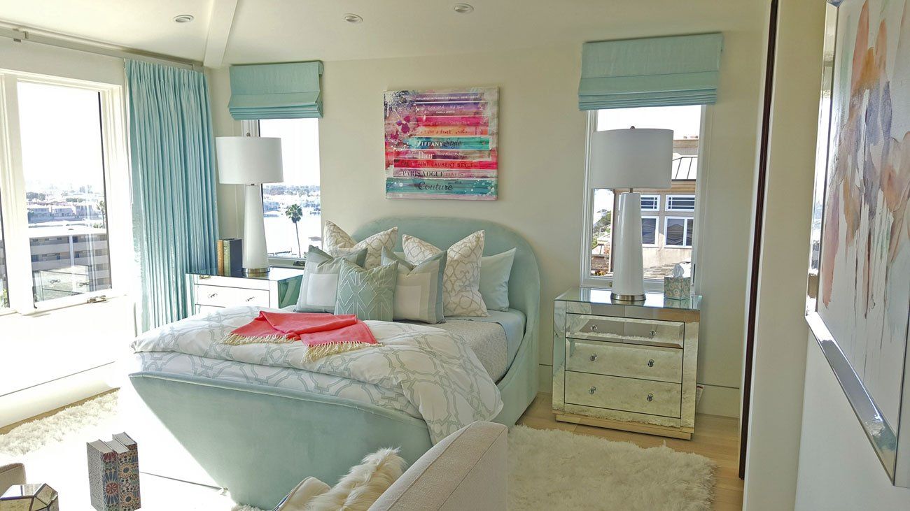 Drapery Euro Pleat, Roman Shades - Modern Blue Girl Teen Bedroom - Fashion Interiors