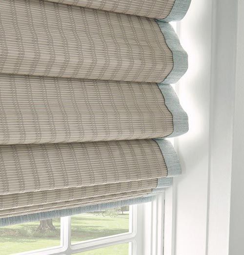 Custom hobbled roman shade with edge banding