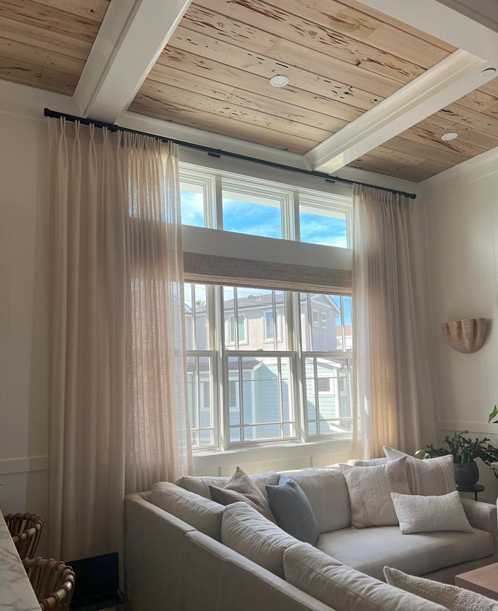 Stationary Panel Drapery Woven Roller Shade Beach Livingroom