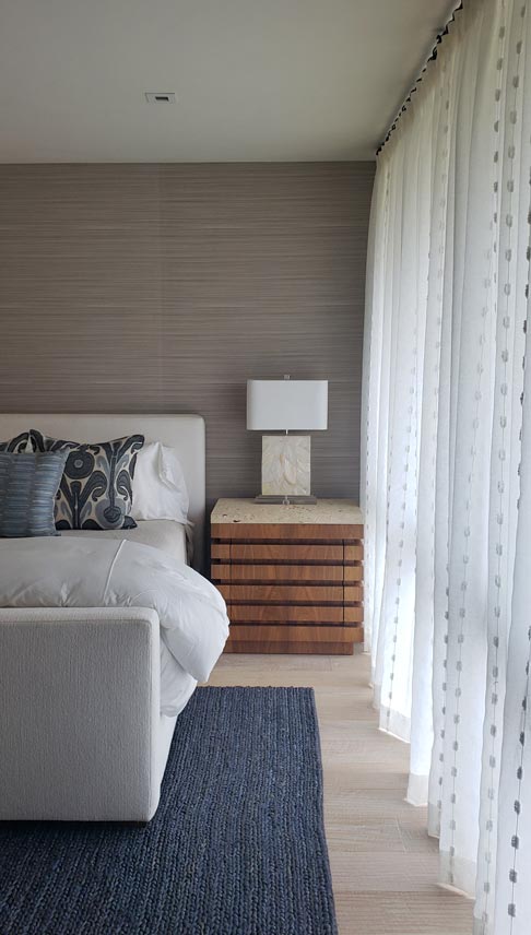 Custom white sheer curtains, modern bedroom in Dana Point