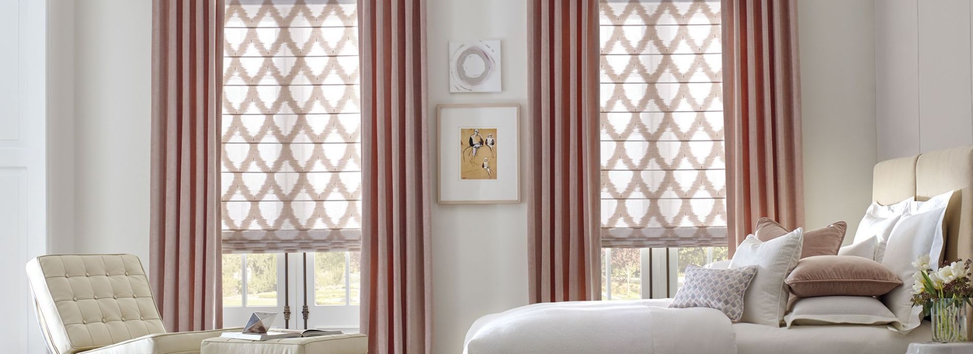 Motorized Hunter Douglas roman shade with custom drapery in traditional pink white modern bedroom Irvine