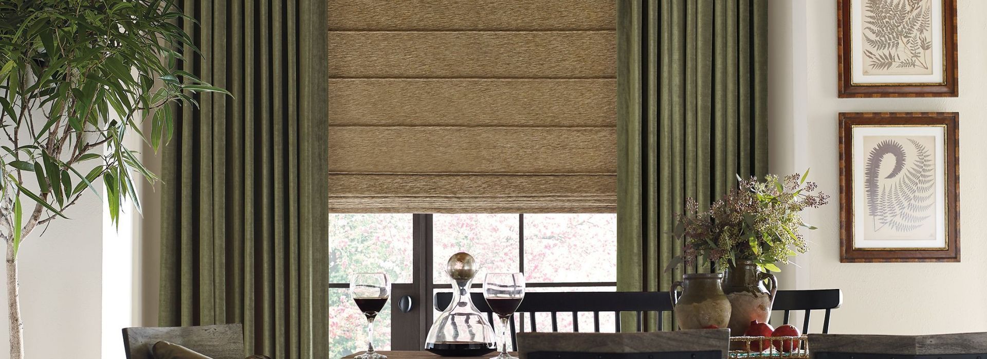 Custom drapery curtain gold green black rustic farmhouse dining room, window treatments Seal Beach