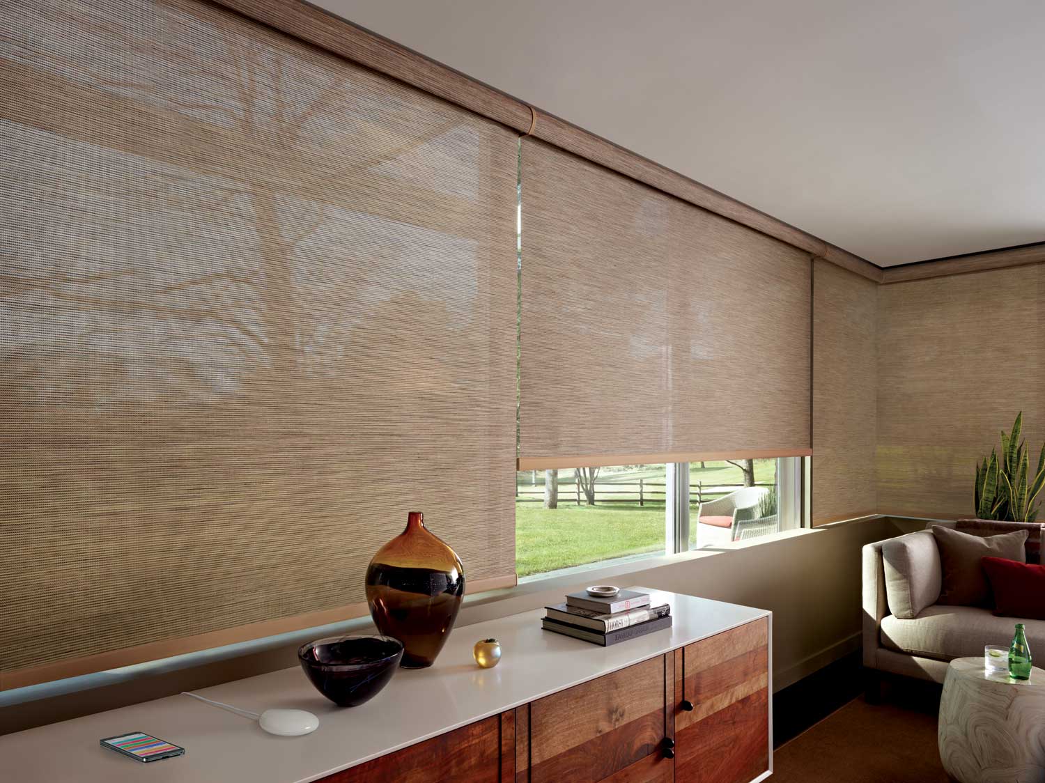 Designer Screen Shades - Mid Century Contemporary Living Room - Hunter Douglas Newport Beach