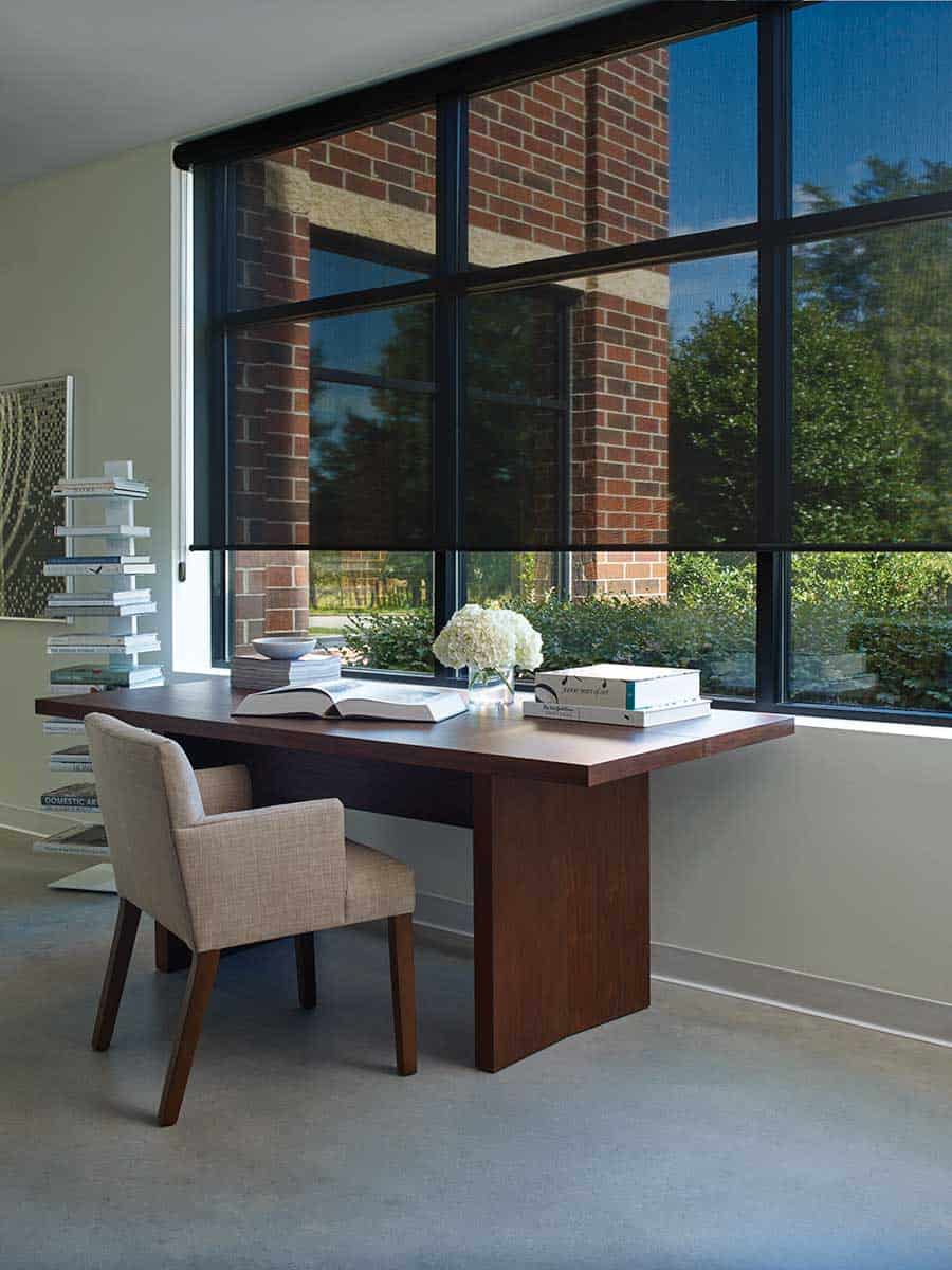 Hunter Douglas Designer Roller Solar Screen Shades in modern simple home office, window treatments Las Flores