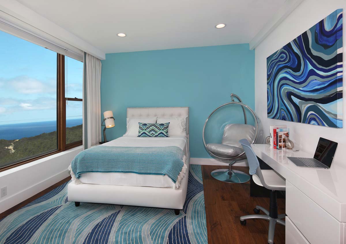 Motorized Drapery Curtain in modern blue coastal beachfront bedroom Irvine