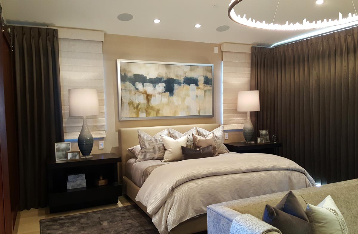 Custom drapery bedding in modern brown tan beige bedroom Belmont Shore-Naples