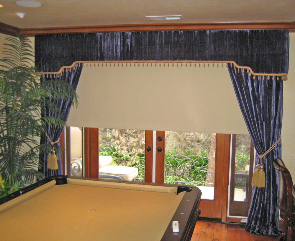 Blackout top treatment cornice/valance in game room