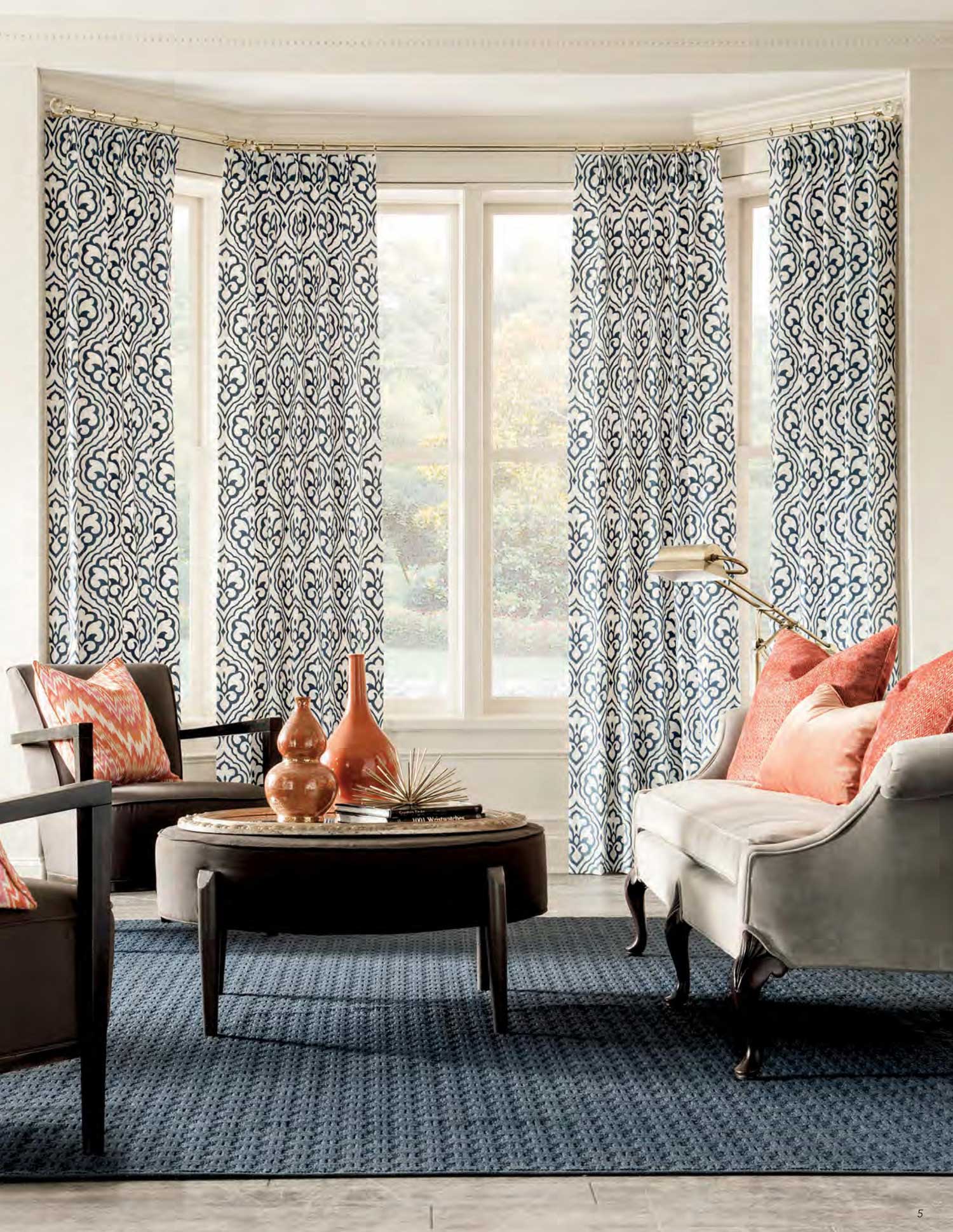Custom Euro Pleat Drapery - Contemporary Living Room - Pattern Blue White Irvine