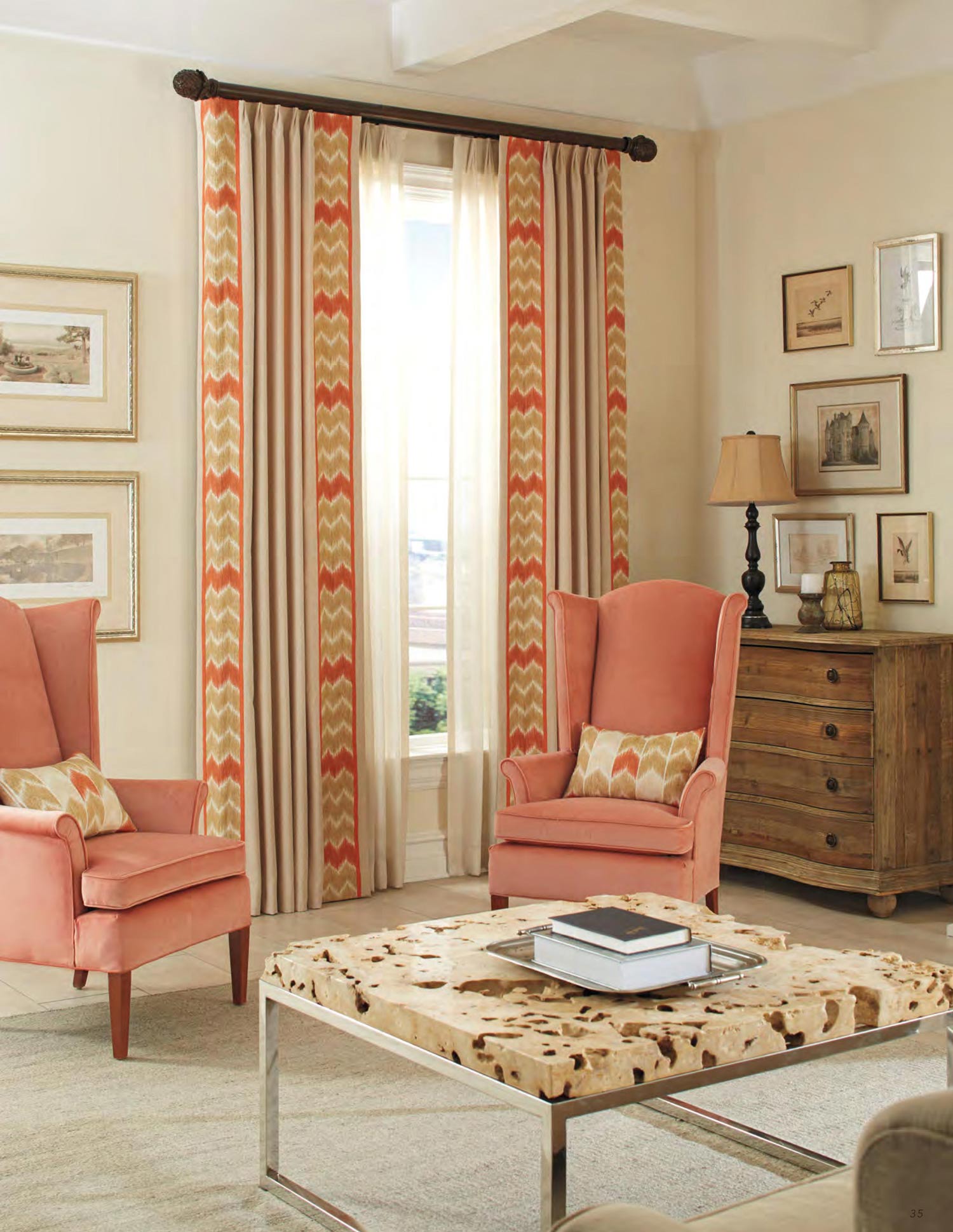 Custom Euro Pleat Drapery - Traditional Living Room - Khaki Drapes with Coral Tape Banding Irvine