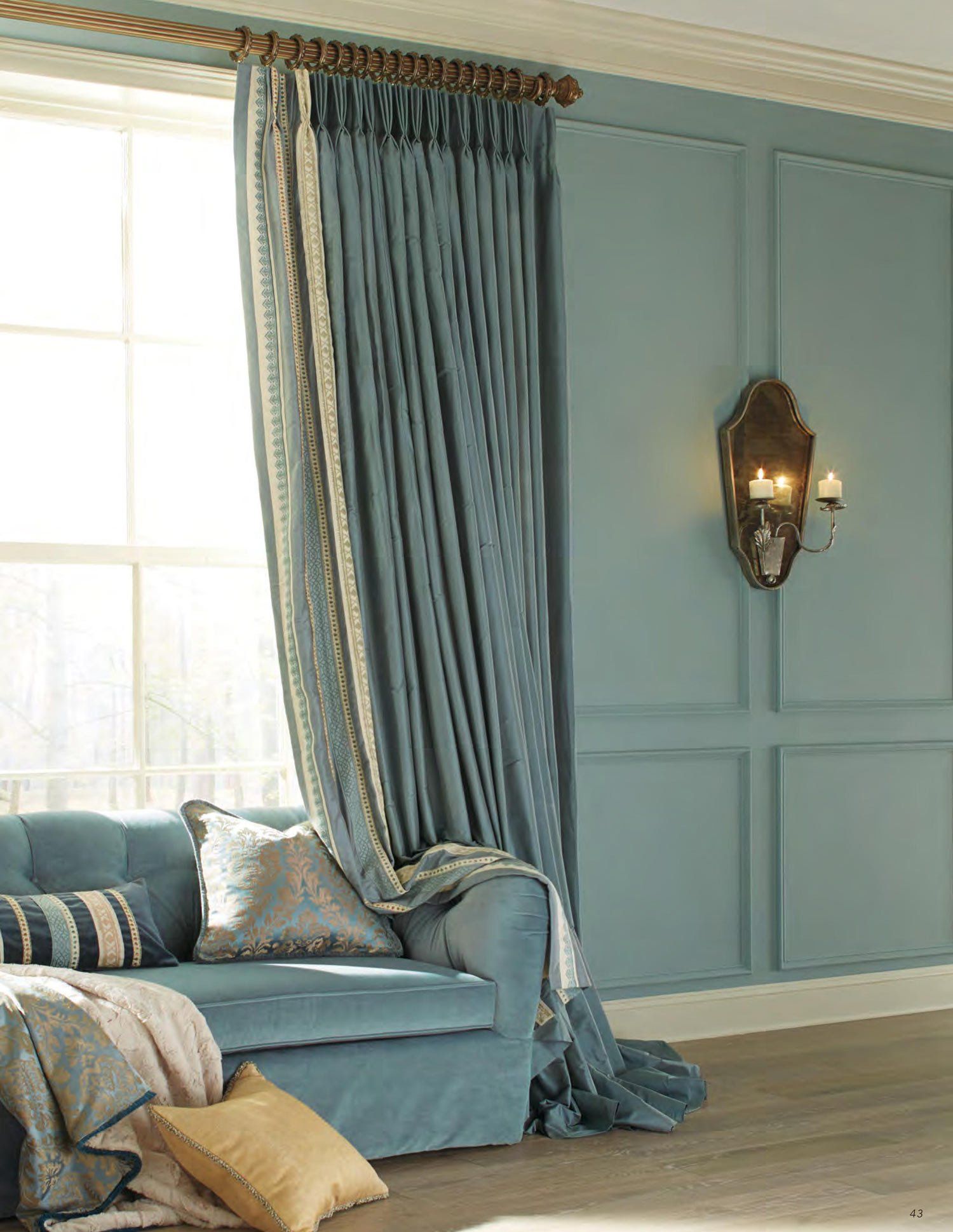 French Pleat Drapery - Traditional Living Room - Light Blue with Gold Trim in Laguna Beach