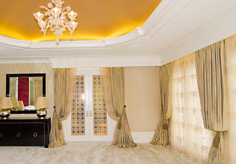custom classic traditional drapes curtains bedroom yellow gold white Belmont Shore-Naples