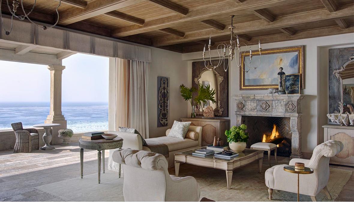 Inverted Pleat Drapery - Fabric Valance Box - Hidden Track - Traditional Coastal Living Room in Palos Verdes